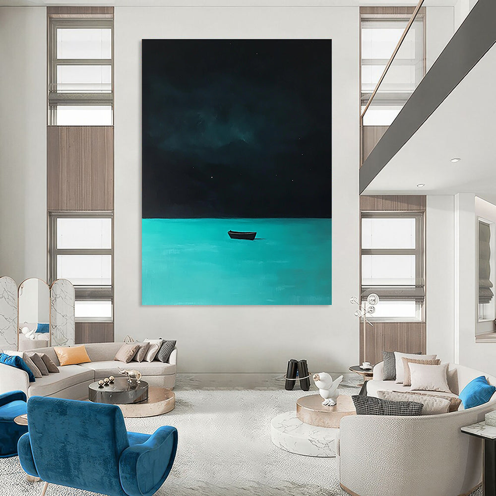 Boat on Turquoise Water at Night Mysterious Seascape Abstract Painting GAB0353