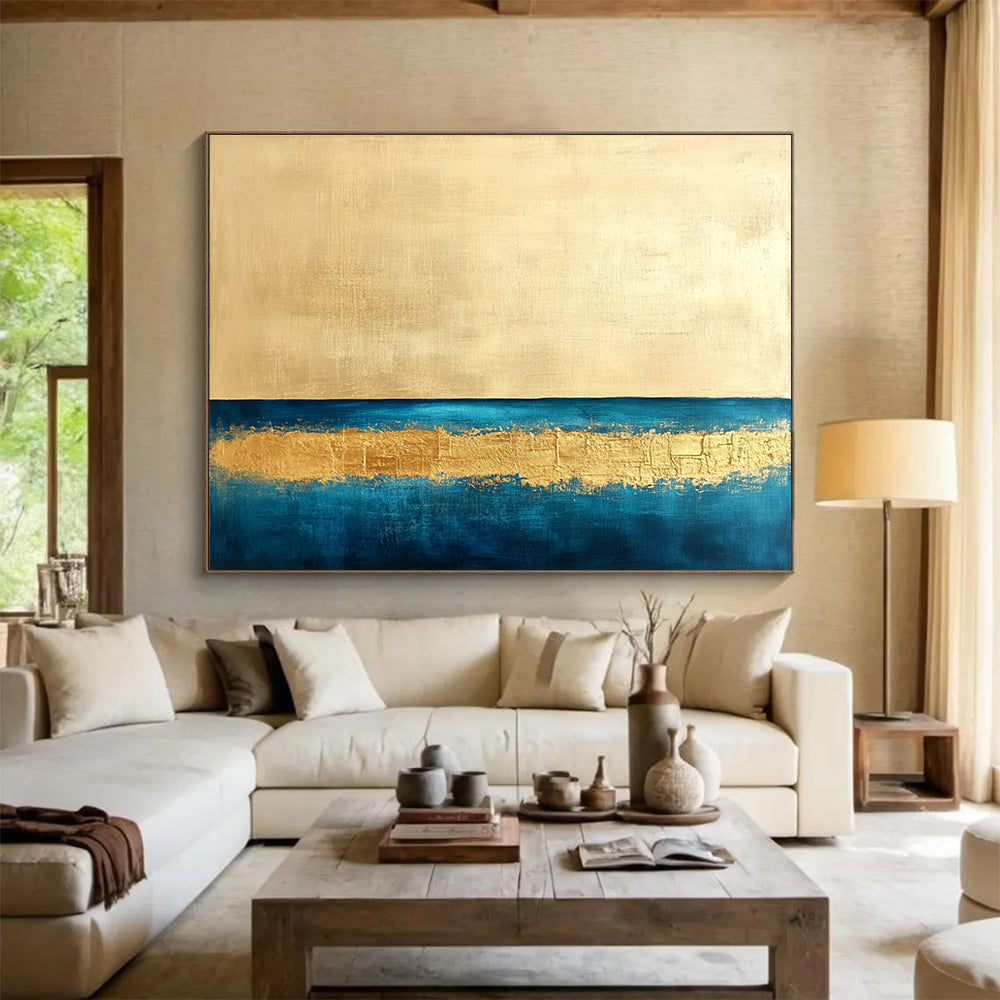 Minimalist Gold - Blue Seascape with Clean Lines Abstract Painting ABS314