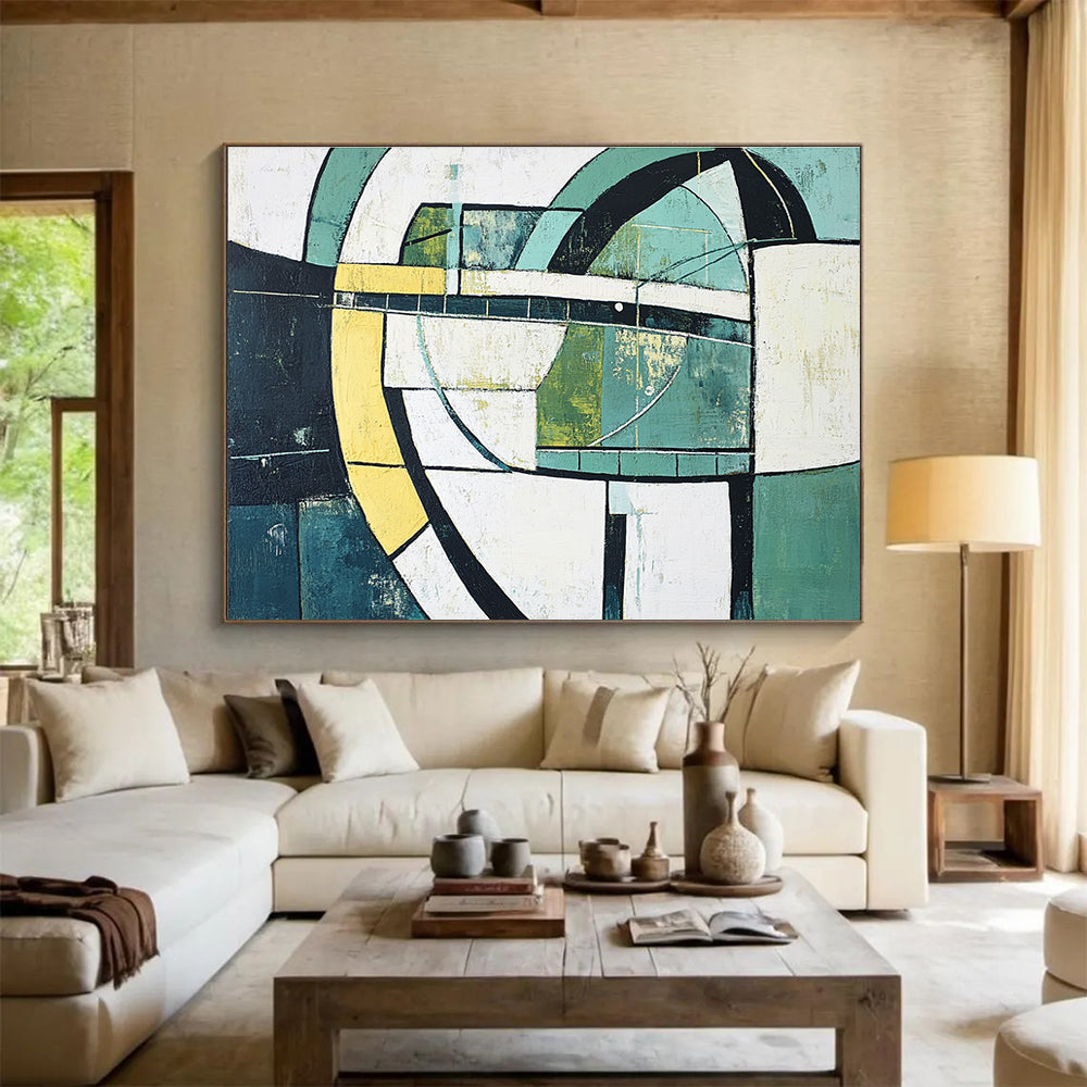 Green and Yellow Geometric Abstract Painting with Structural Harmony ABS411