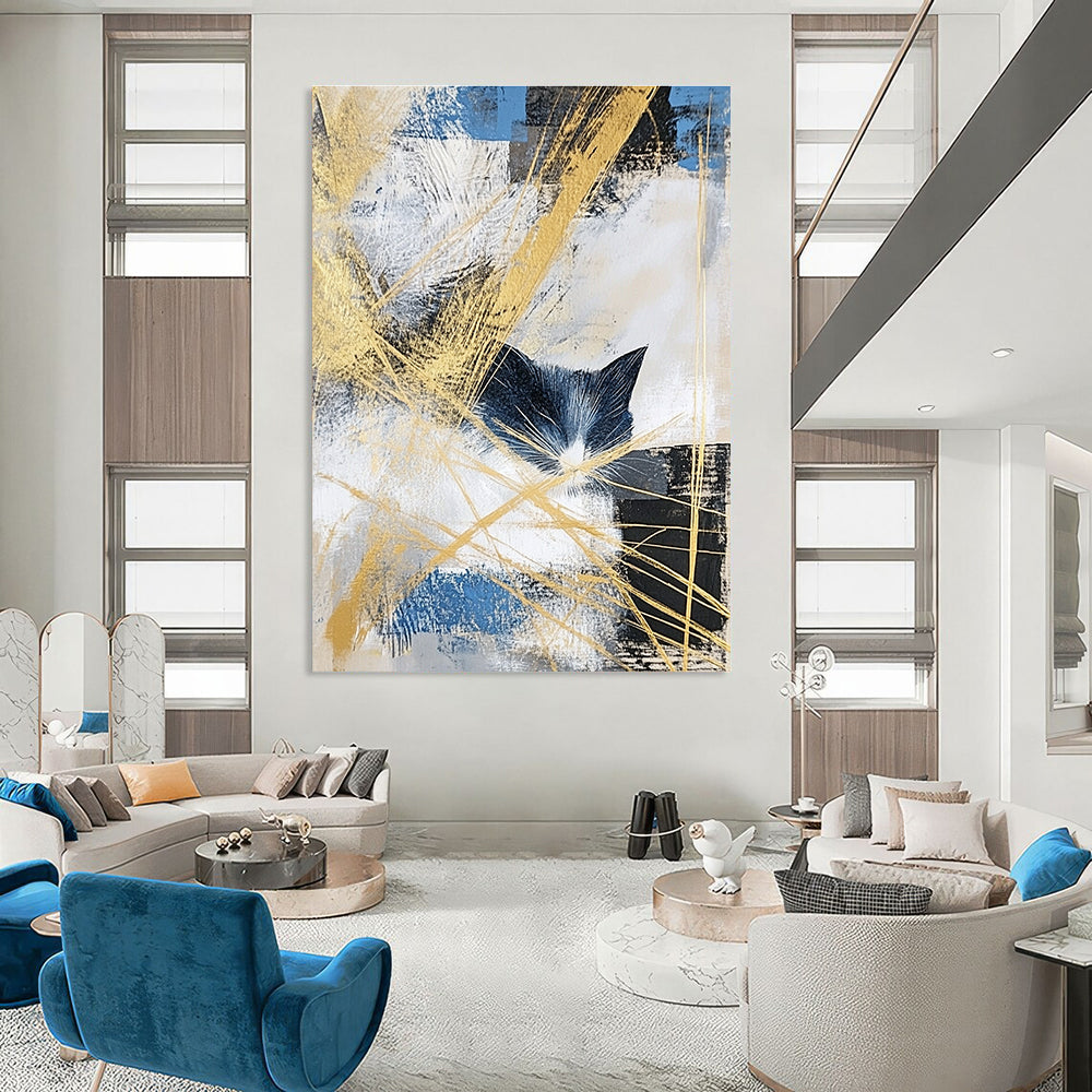 Abstract Cat Silhouette Painting with Golden Accents GAB0661