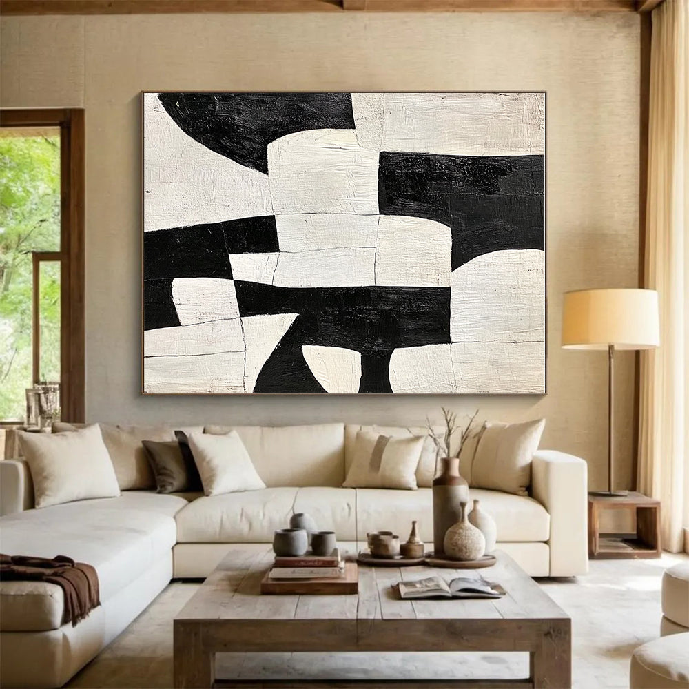 Black - and - White Patchwork Abstract Painting with Bold Contrast WINK323