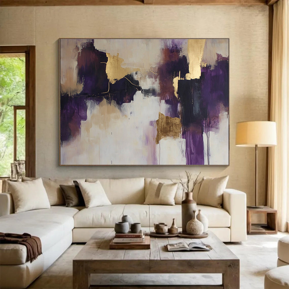 Purple and Gold Abstract Forms Painting with Opulent Hues ABS396
