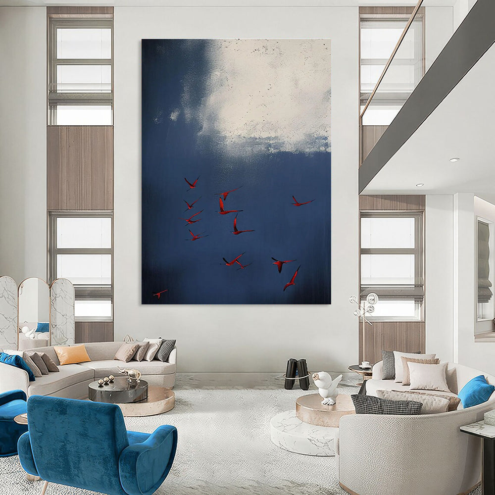 Red Birds in Blue Sky Abstract Painting for Nature - Inspired Living Rooms HENG500