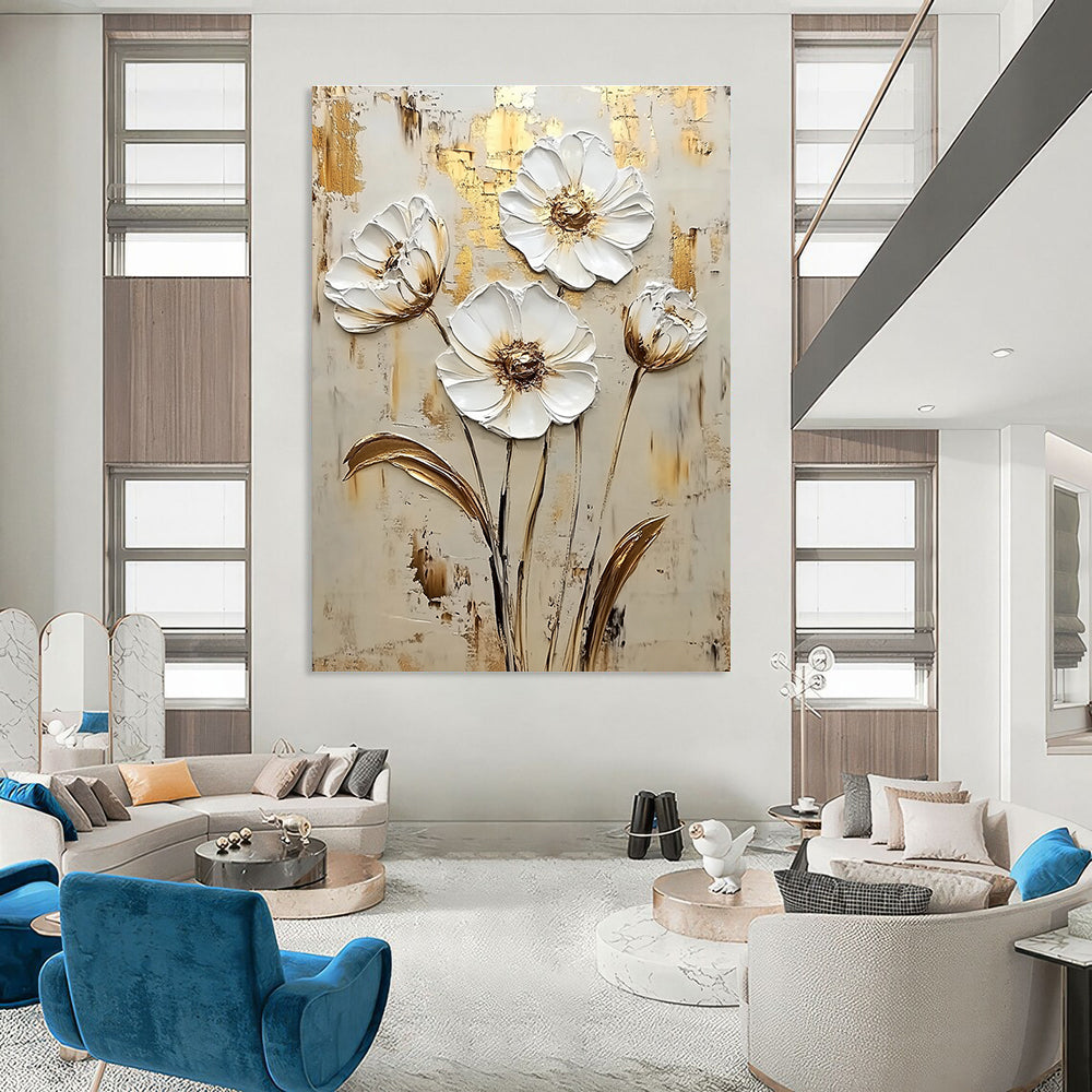 Gold and White Flowers Abstract Painting for Romantic - Themed Weddings GAB0998