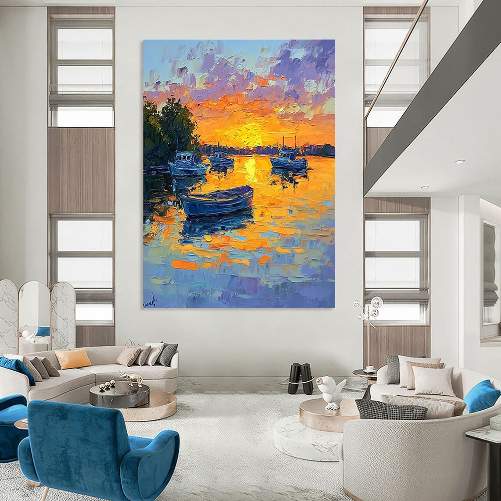 Sunset Boats on the Lake Impressionistic Abstract Painting for Relaxing Spaces GAB1434