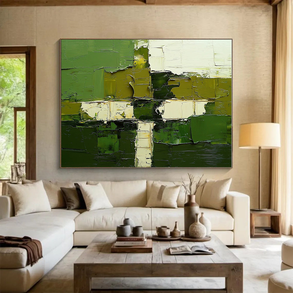 Green White Geometric Abstract Painting with Textured Precision WINK606