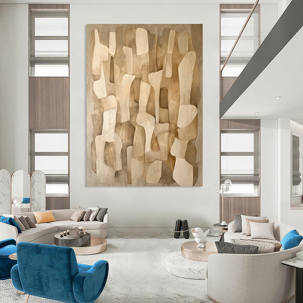 Beige Abstract Shapes Abstract Painting for Minimalist Living Rooms HENG021