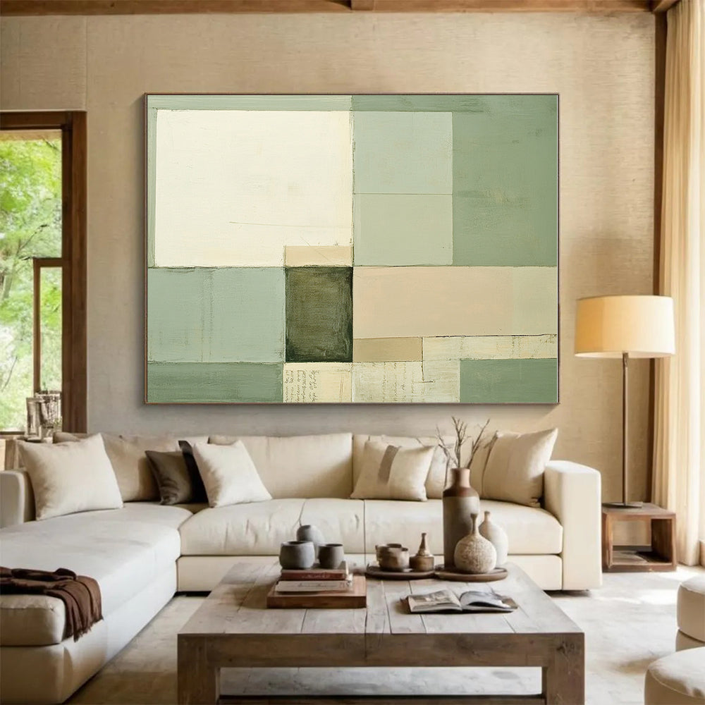 Green and Beige Geometric Blocks Abstract Painting with Subtle Harmony WINK274
