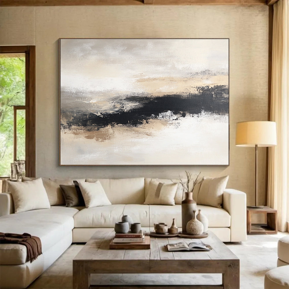 Beige and Black Abstract Landscape Painting with Moody Atmosphere ABS405