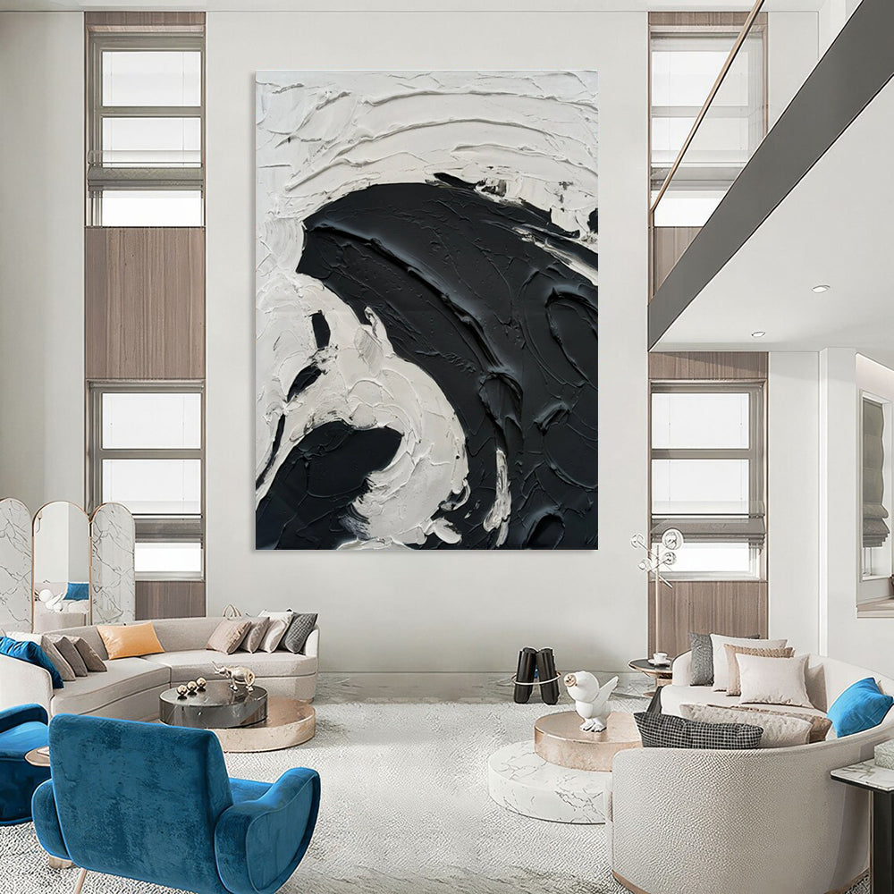 Black - White Swirl Textured Art Abstract Painting for Bold Interiors HENG389