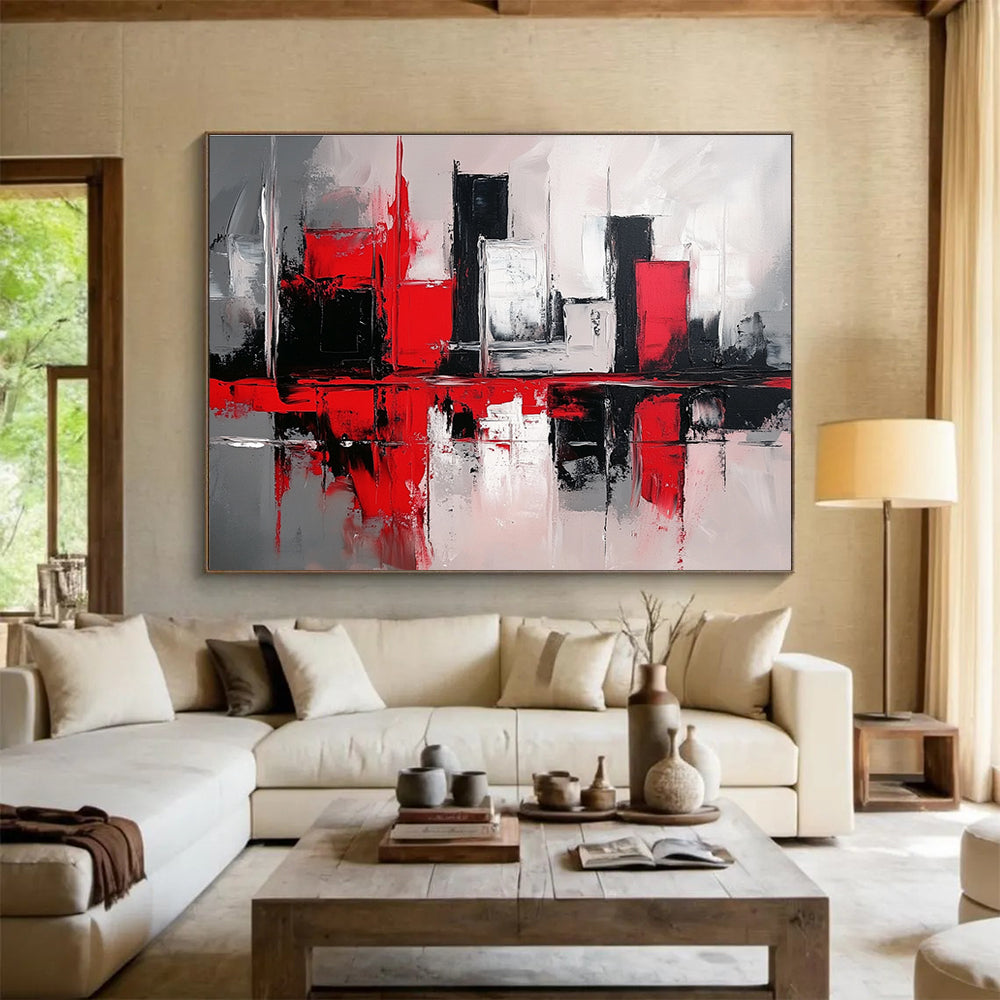 Red and Black Cityscape Abstract Painting with Reflective Elements ABS398