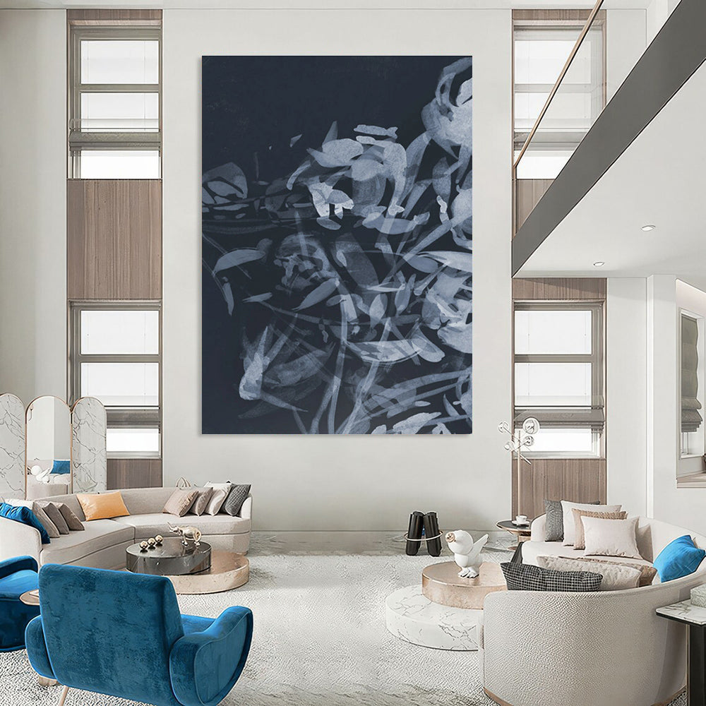 Elegant Monochromatic Floral Silhouette Abstract Painting for Sophisticated Spaces HENG240