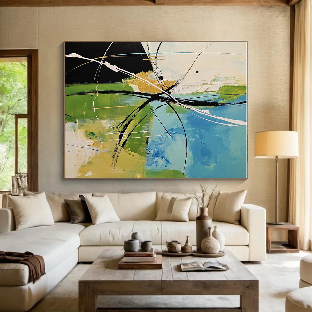 Blue Green Black Abstract Painting with Energetic Lines WINK619