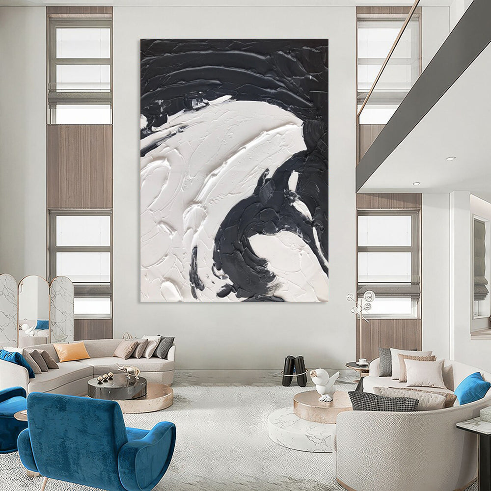 Black - White Swirl Textured Abstract Painting for Contemporary Living Rooms HENG393