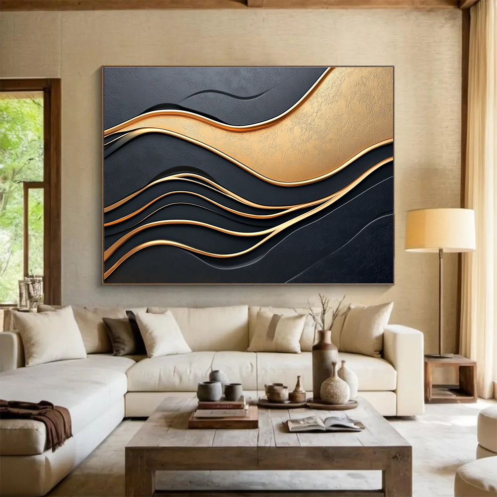 Black and Gold Waves: Luxurious Rhythms in 3D Abstract Painting ABS166