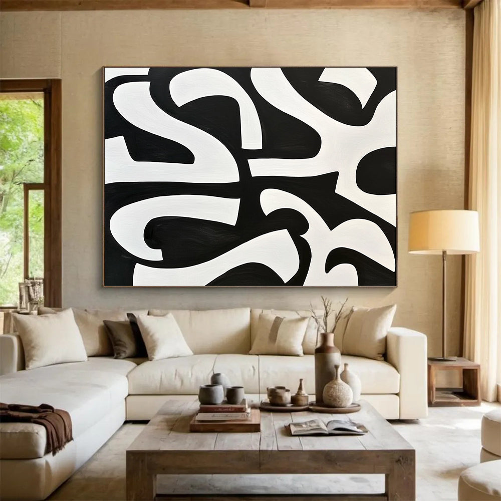 Black and White Curved Forms Abstract Painting with Dynamic Contrast WINK236