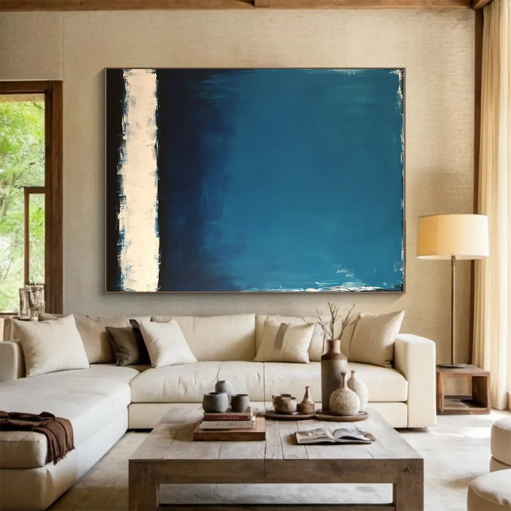 Deep Blue with White and Black Bands Abstract Painting with Layered Depth WINK027