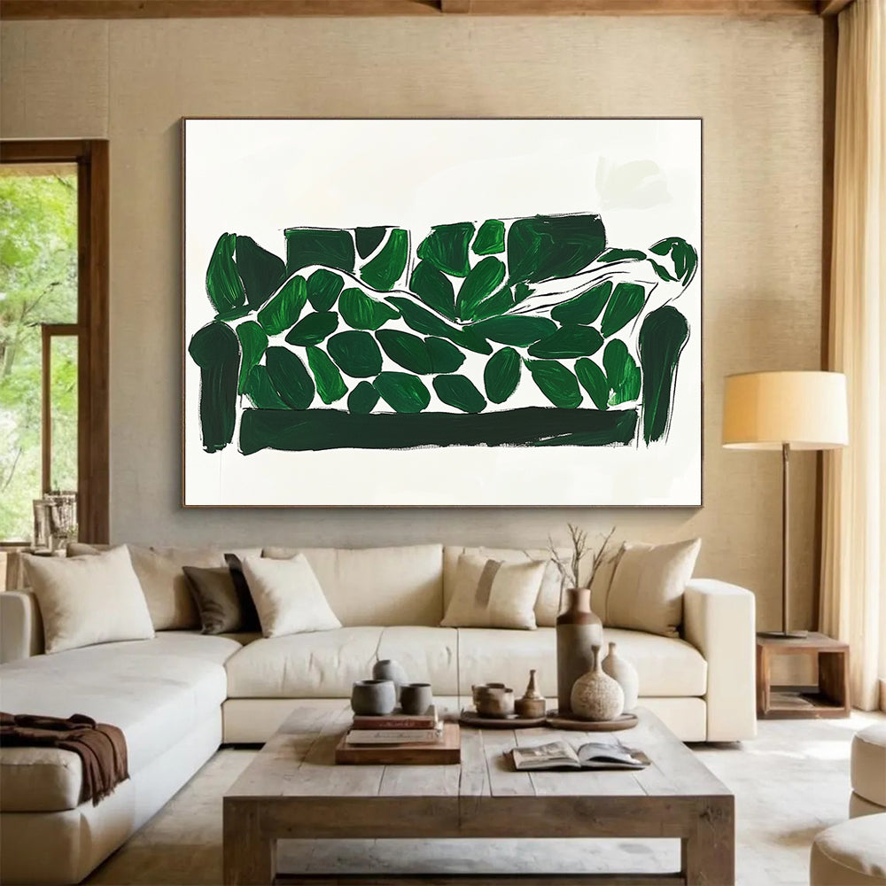 Whimsical Green Leaf Sofa Art Merging Daily Life and Creativity, Adding Playful Flair Abstract Painting ABS142