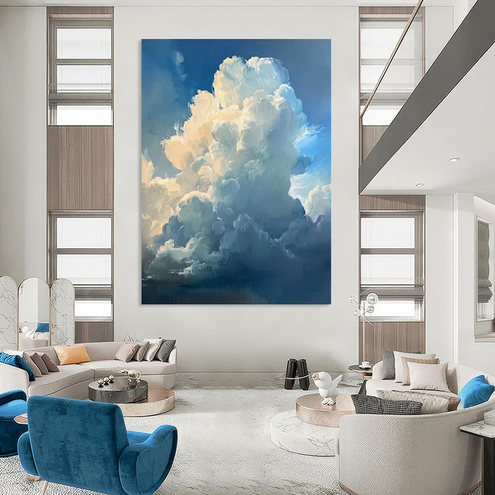 Fluffy Clouds Blue Sky Abstract Painting for Coastal Home Bedrooms HENG006
