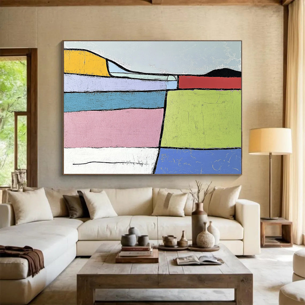 Geometric Color - Blocked Landscape Abstract Painting with Bold Outlines ABS222