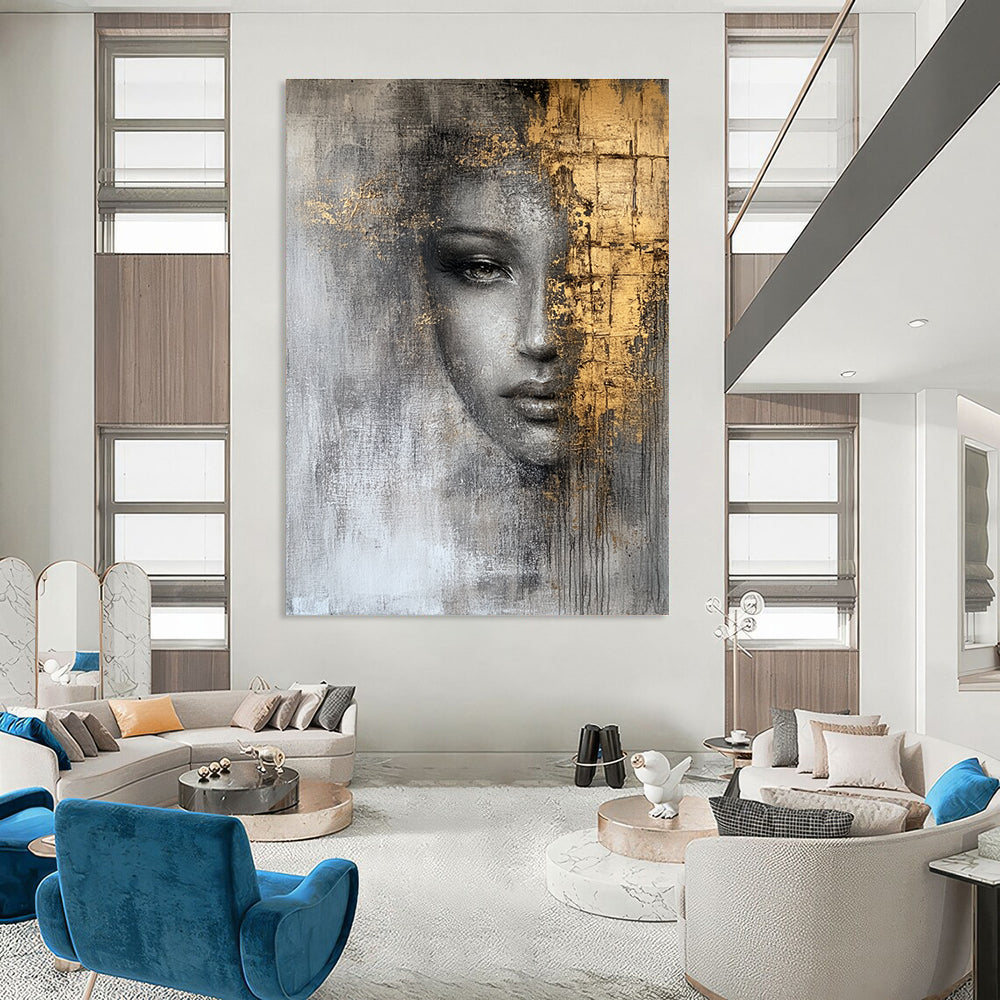 Gray and Gold Portrait Abstract Painting for Luxury Living Rooms GAB0973