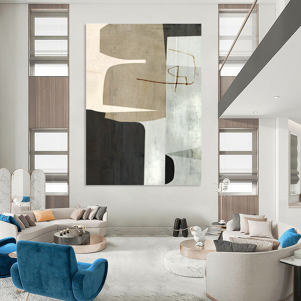 Neutral Geometric Collage Abstract Painting for Sophisticated Office Receptions HENG158