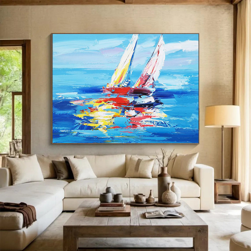 Colorful Sailboat Abstract Painting for Coastal Home Dining Rooms YHT268