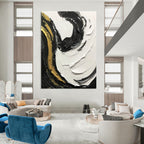Black - White - Gold Swirl Textured Abstract Painting for Luxury Interiors HENG381