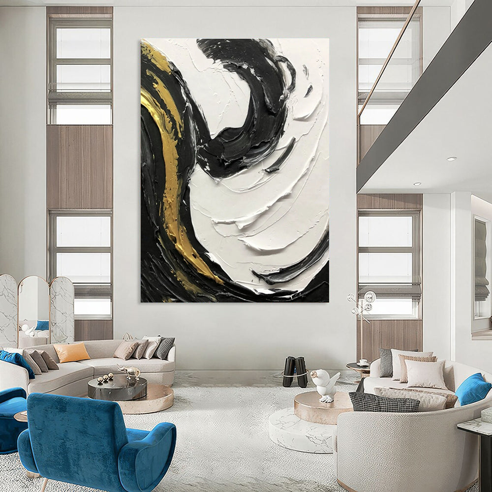 Black - White - Gold Swirl Textured Abstract Painting for Luxury Interiors HENG381