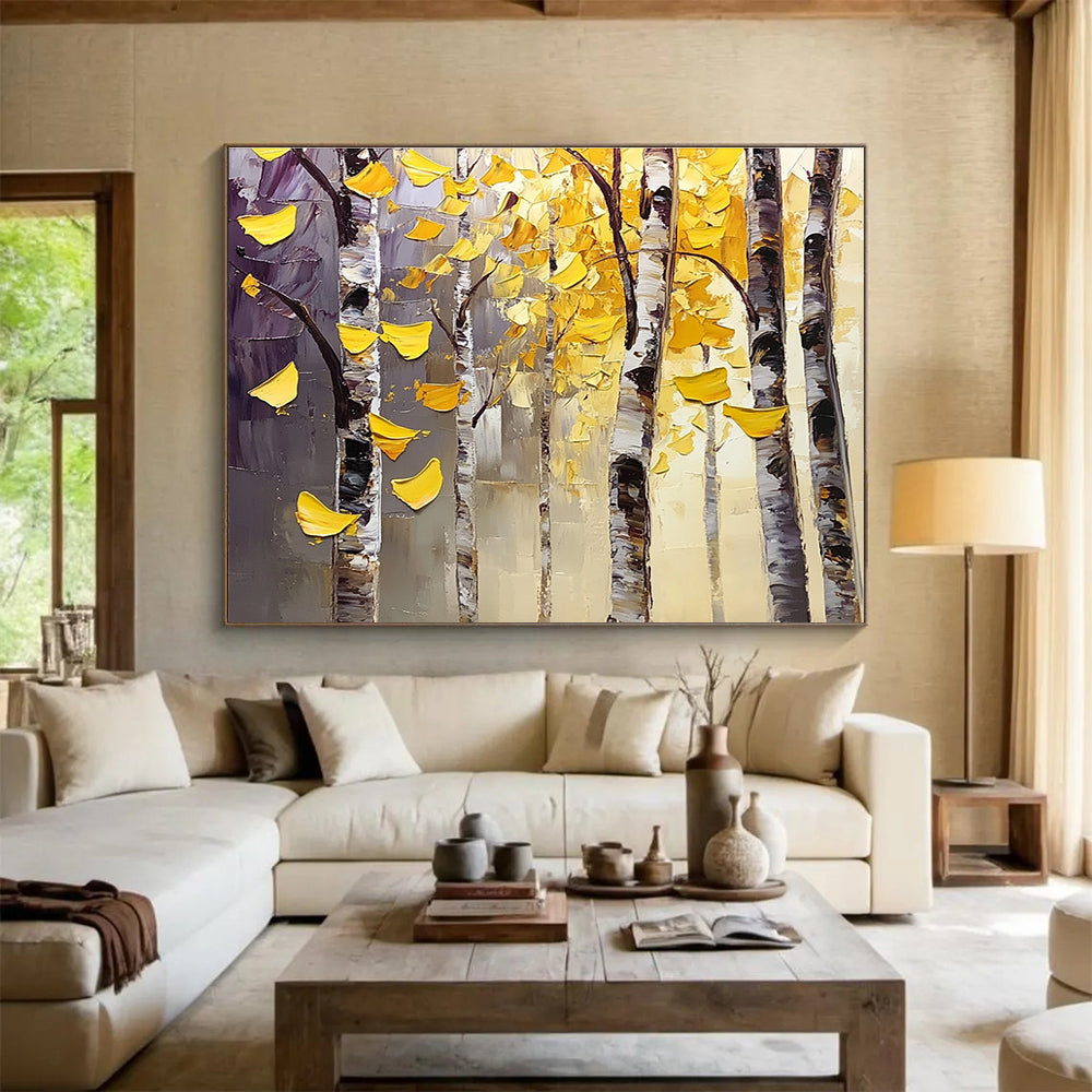 Textured Autumn Birch Trees Painting with Lush Golden Hues ABS565
