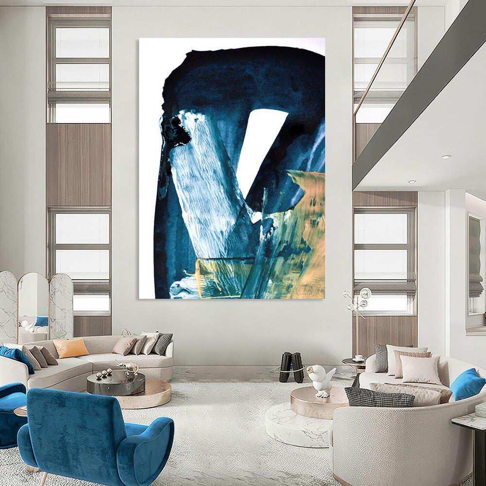 Blue - Toned Abstract with Gold Accents Painting for Luxury Home Entrances HENG190