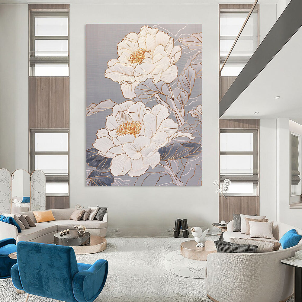 White Peonies with Gold Elegant Abstract Painting for Luxury Spaces GAB1478