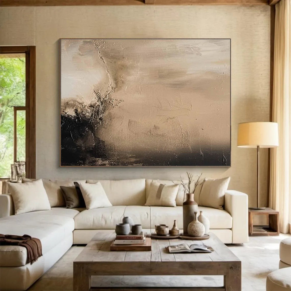 Beige and Black Abstract Painting for Minimalist Living Spaces YHT394