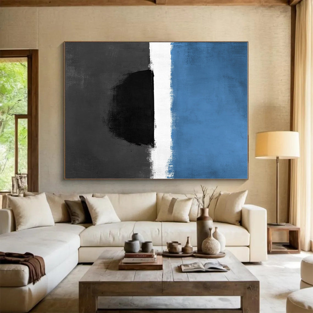 Blue Black and White Abstract Painting with Bold Contrasts WINK848