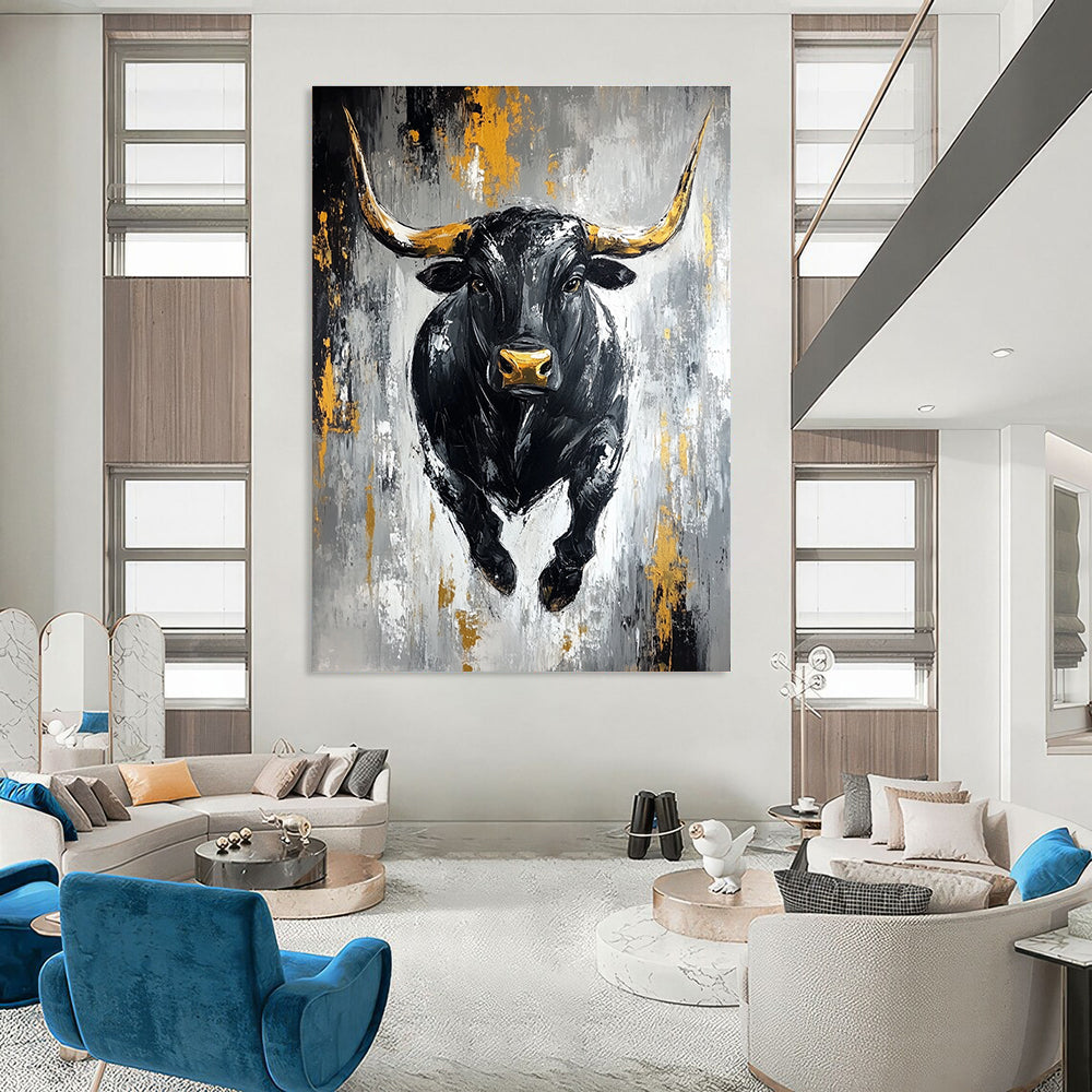 Black Bull with Gold Accents - Powerful Figurative Abstract Art GAB0456