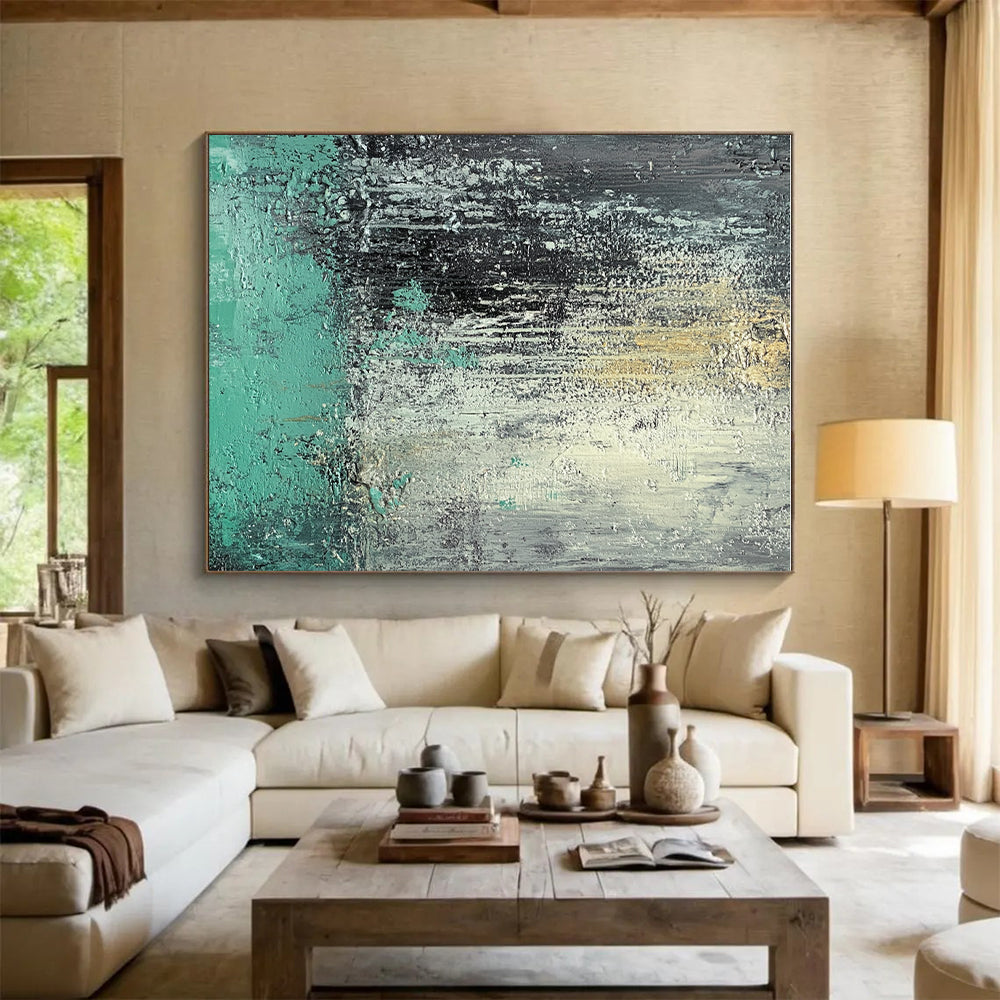 Gray and Teal Dripping Abstract Painting with Dynamic Fluidity WINK287