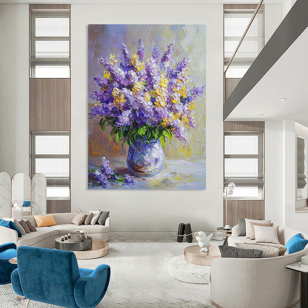 Purple and Yellow Flower Vase Painting of Elegant Floral Harmony GAB0162
