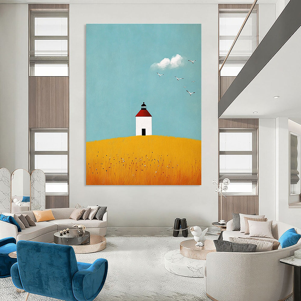Lighthouse on Yellow Field Abstract Painting of Serene Isolation GAB0180