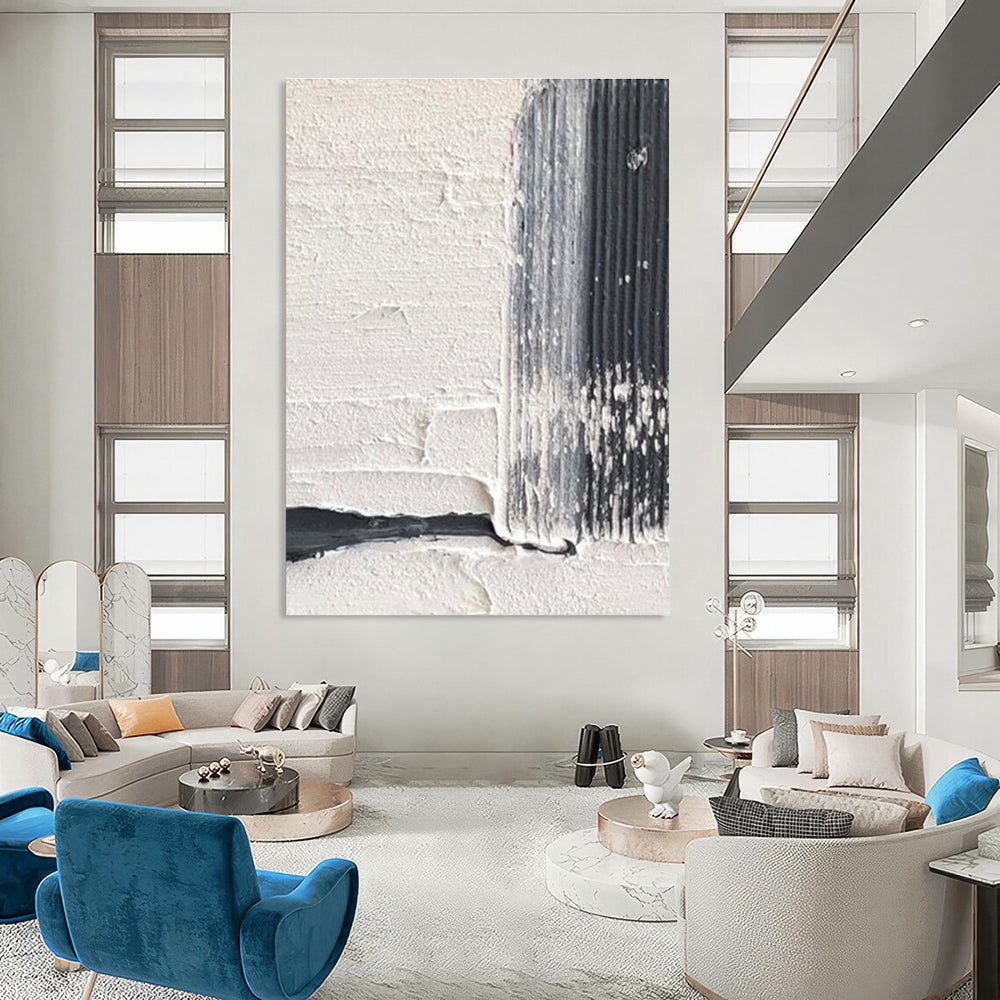 White and Black Textured Striped Art Abstract Painting for Monochrome - Themed Dining Rooms HENG366