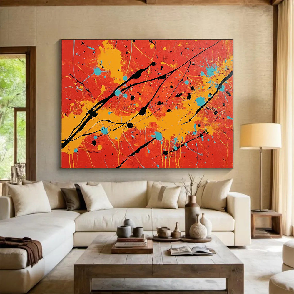 Energetic Red - Orange Splatter Expressionist Abstract Painting ABS122