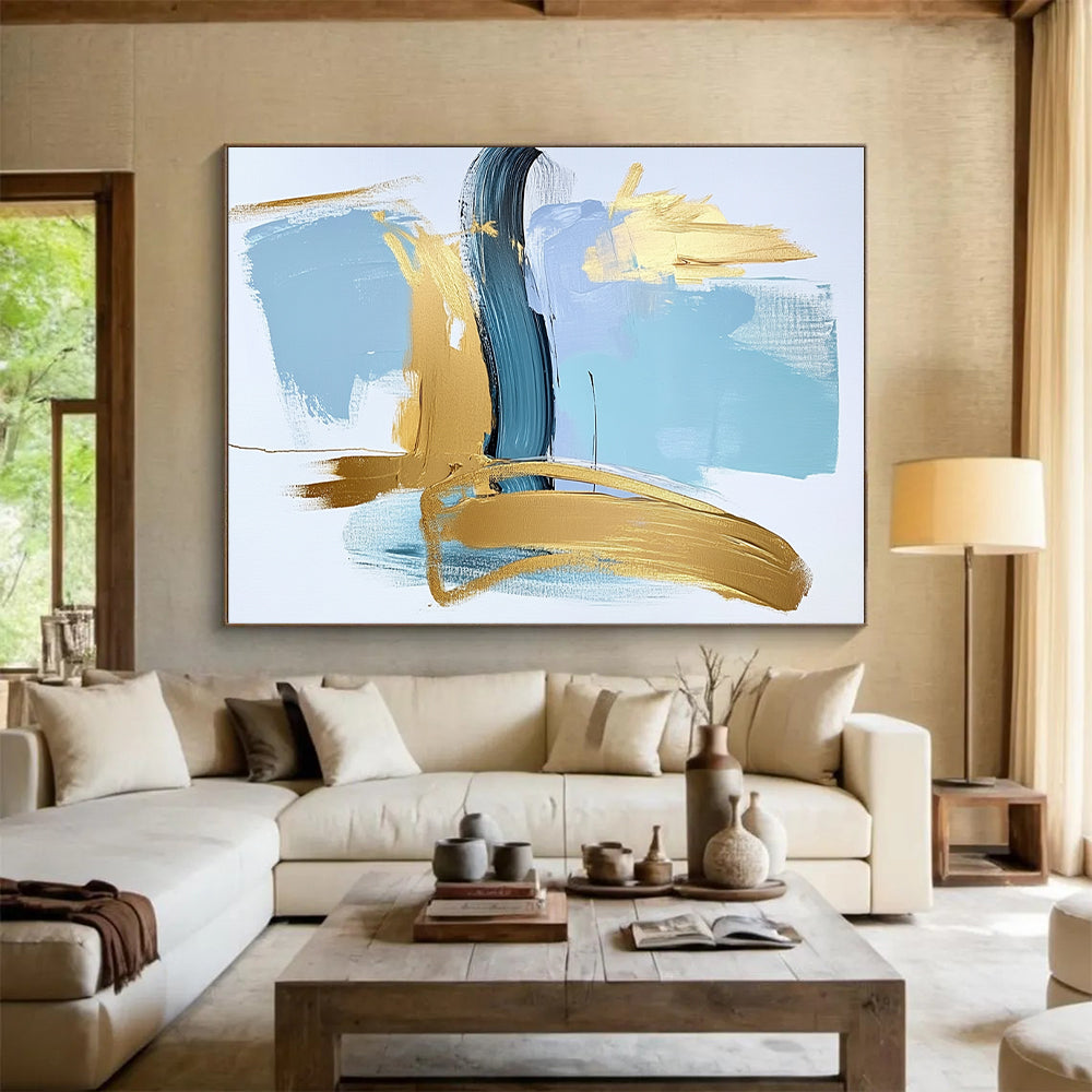 Minimalist Blue Gold Abstract Painting with Elegant Simplicity WINK582