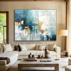 Teal - Gold Abstract Drip Painting for Contemporary Living YHT072