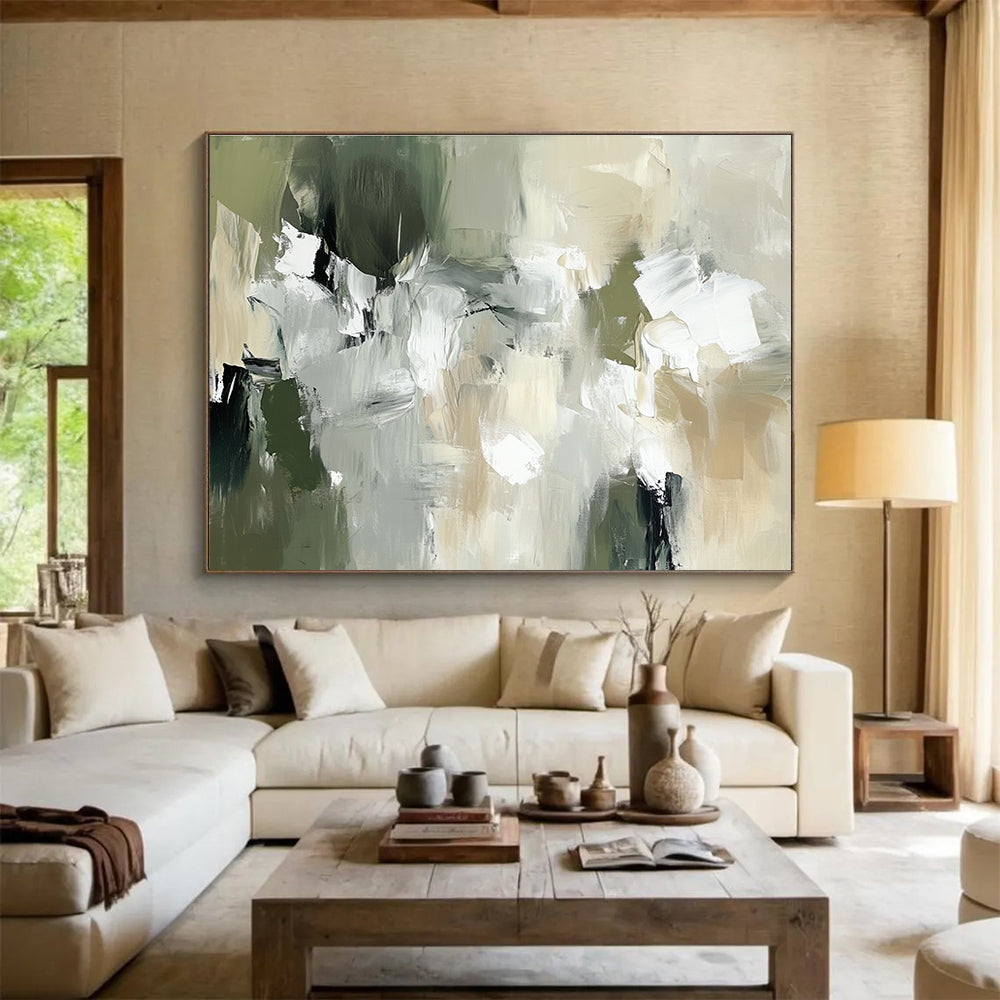Green and Gray Abstract with Patchwork - like Forms Abstract Painting ABS376