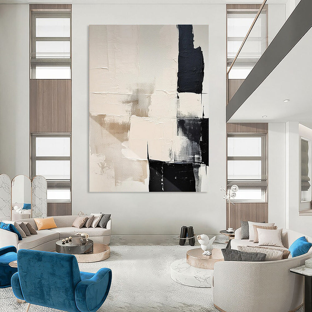 Contemporary Black and White Blocks Abstract Painting for Urban Loft Apartments HENG056