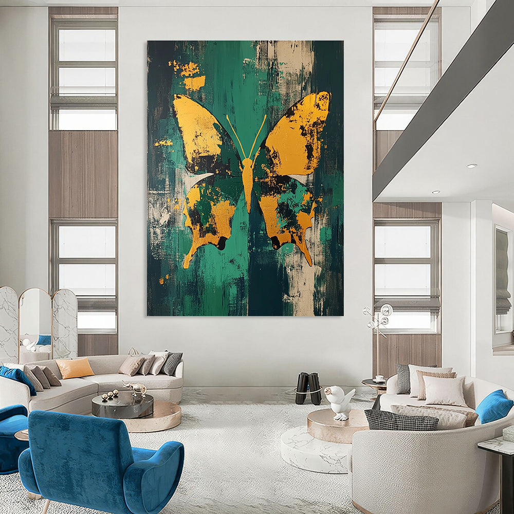 Golden Butterfly on Green Abstract Painting for Lively Interiors GAB0693