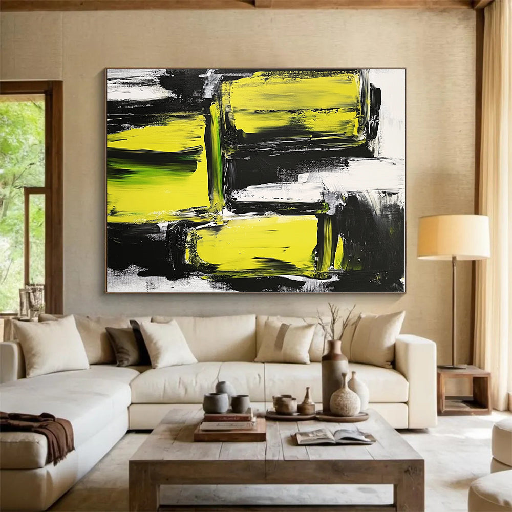 Vibrant Yellow Black Abstract Painting with Energetic Contrast WINK593
