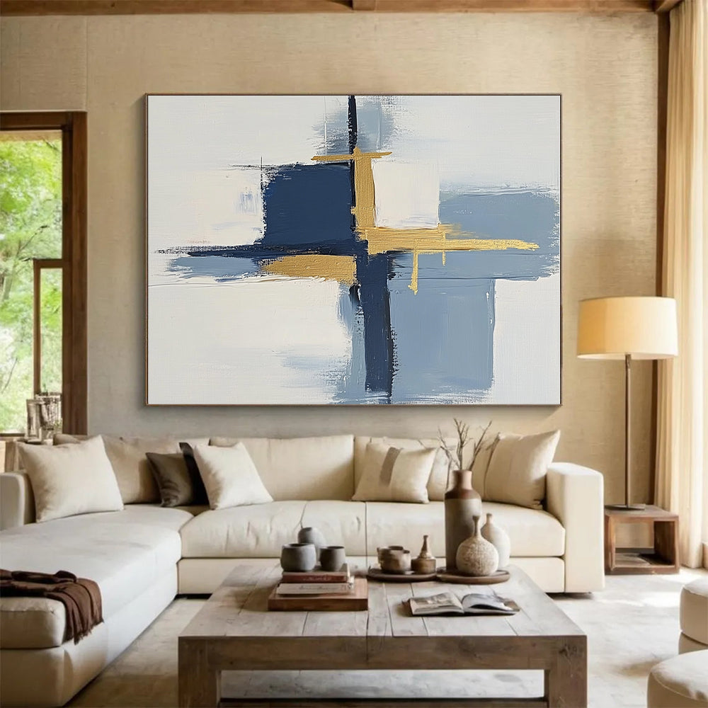 Blue Gold White Abstract Painting with Modern Elegance WINK566