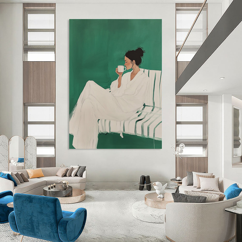 Leisurely Woman with Cup Abstract Painting in Green and White GAB0020