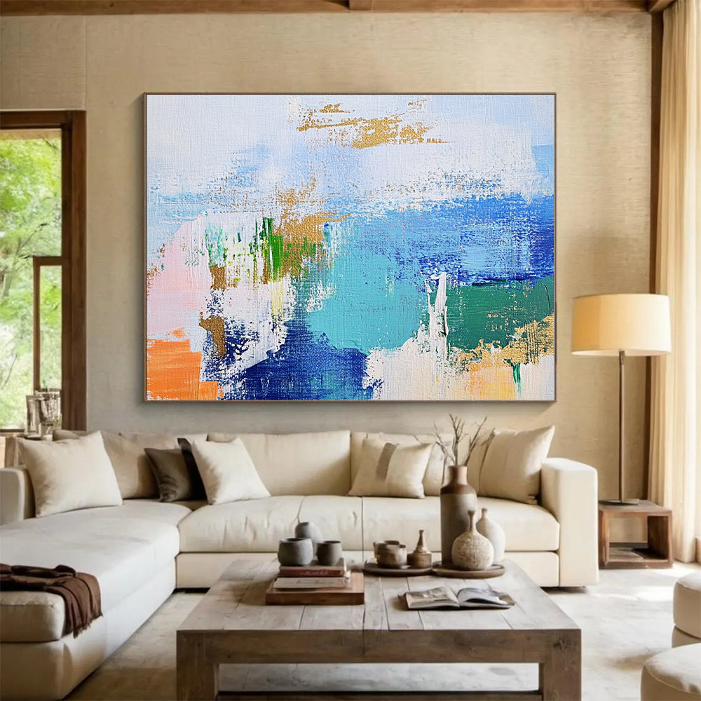 Blue Green Gold Abstract Painting with Dynamic Brushstrokes WINK616