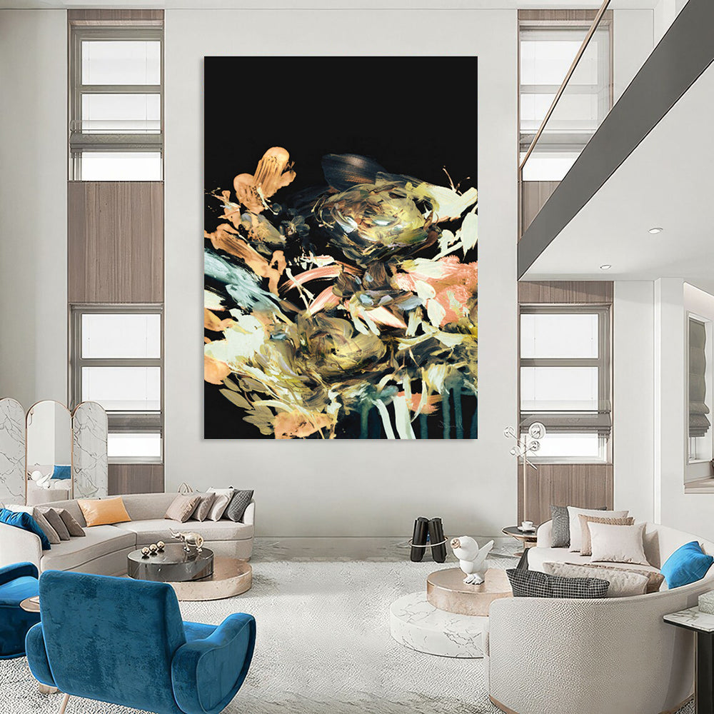 Colorful Floral Abstract on Black Painting for Luxury Home Dining Rooms HENG171